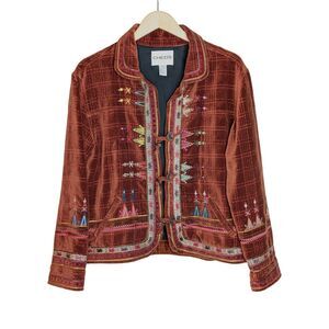 Chicos Boho Velour Jacket Brown Embroidered Size 2 LG Southwest Festival Indie